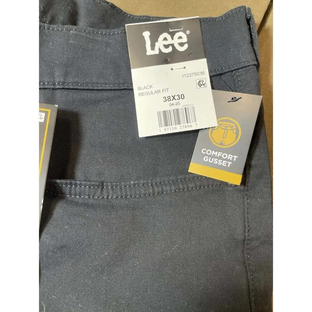 Lee Men's Black Regular Fit Straight Leg 5-Pocket Twill Pants Size 38x30 NEW